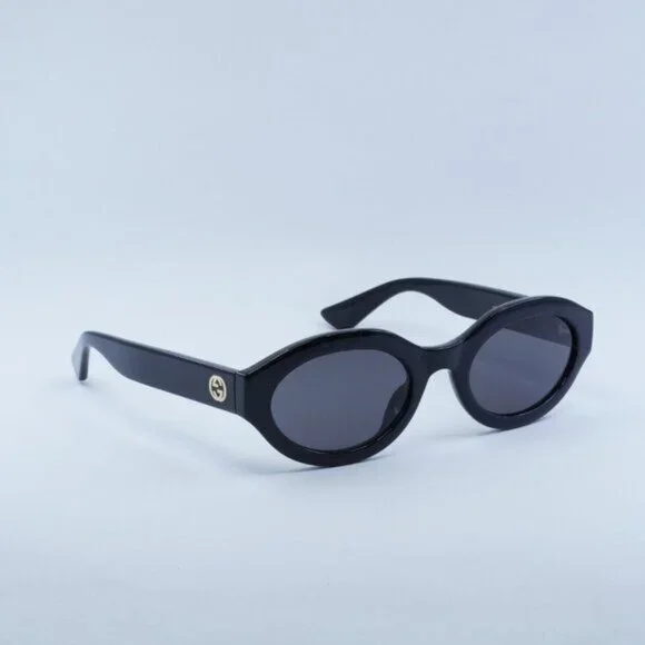 Gucci GG1579S 001 Sunglasses Shiny Black Oval Frame, Grey Lenses - Picture 7 of 10